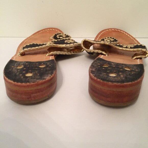 JACK ROGERS SHOES SANDALS FLATS THONGS BLACK GOLD WHIPSTITCH LEATHER - Picture 5 of 7